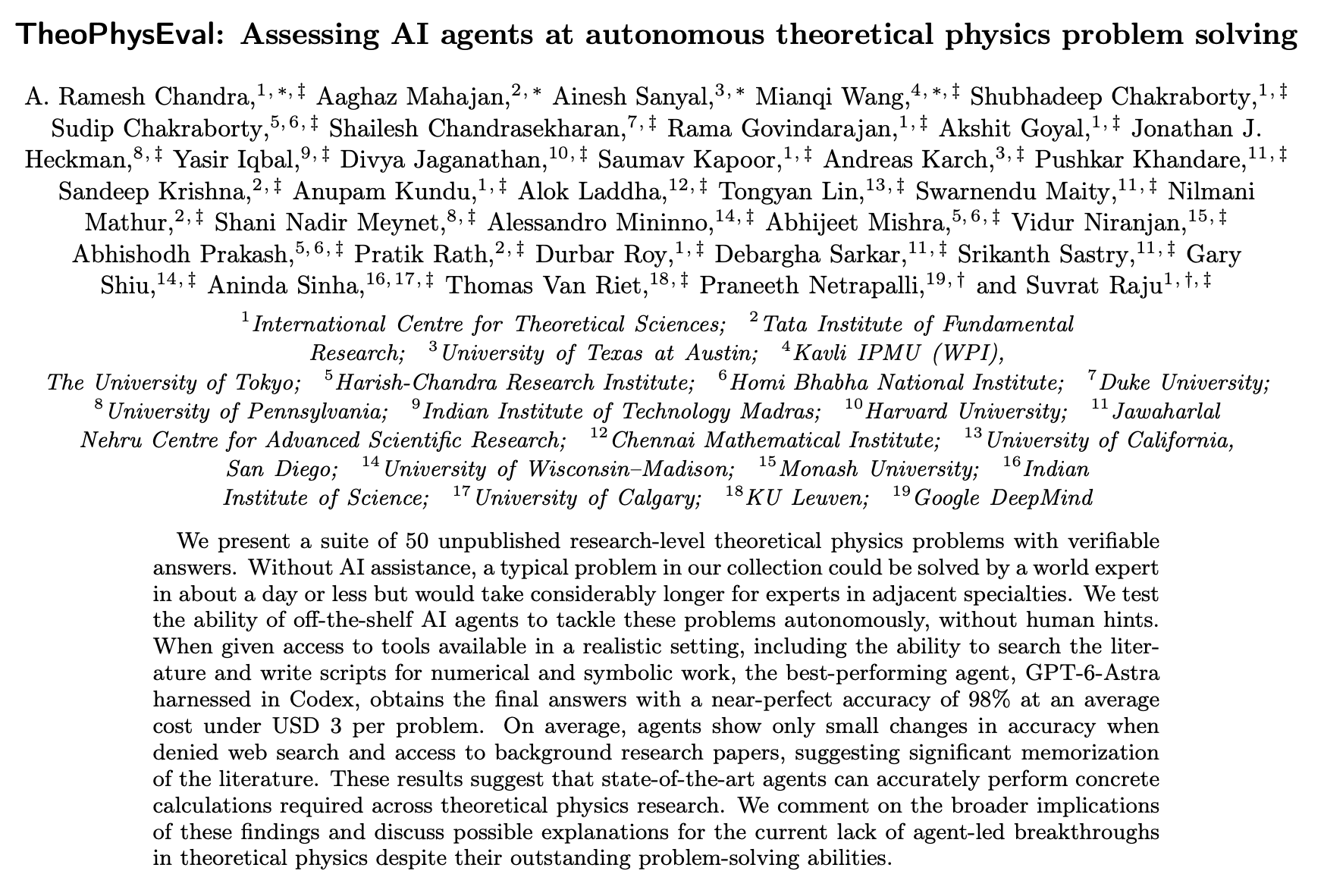 TheoPhysEval: Assessing AI agents at autonomous theoretical physics problem solving — paper title, authors, affiliations and abstract
