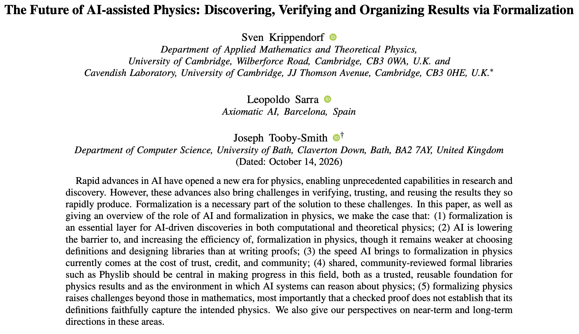 The Future of AI-assisted Physics: Discovering, Verifying and Organizing Results via Formalization — title, authors, affiliations and abstract
