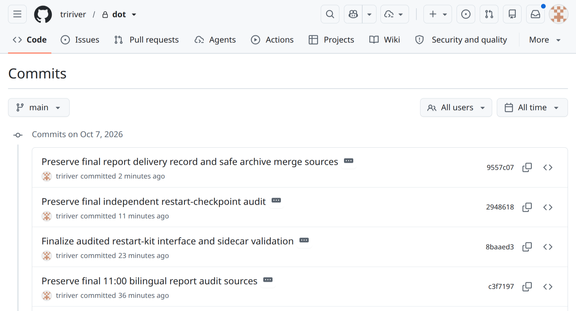 User-supplied GitHub commit history screenshot for the dot repository